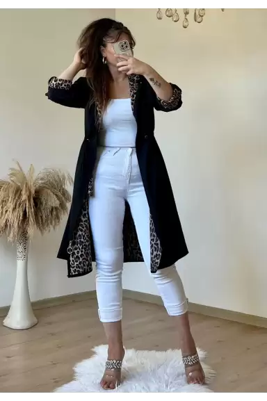 Kapüşonlu Leopar Trençkot Siyah