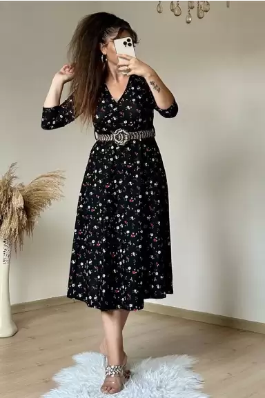 Kemerli Çıtır Çiçekli Krep Elbise Siyah