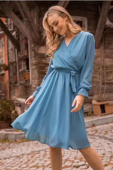 Kısa Düz Şifon Elbise Mavi