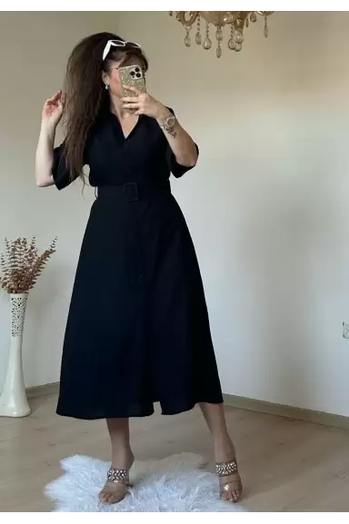 Kısa Kol Midi Boy Gömlek Elbise Siyah