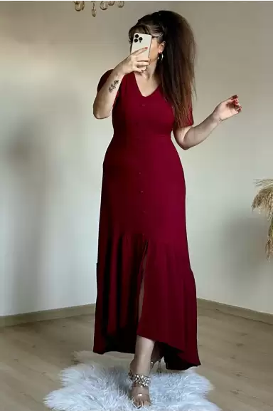 Kısa Kol Romantik Elbise Bordo