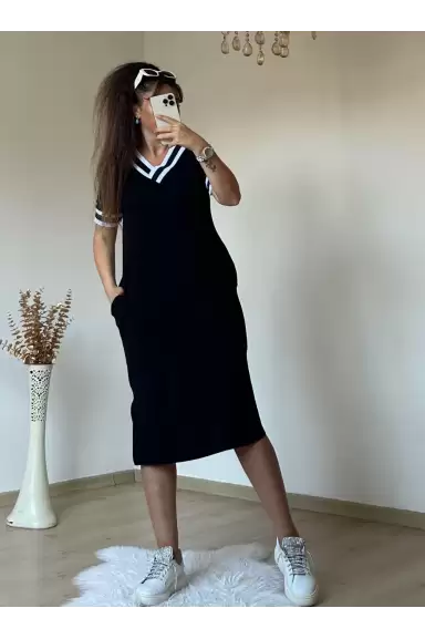 Kısa Kollu V Yaka Ribana Detay Midi Boy Elbise