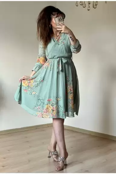 Kısa Sarı çiçekli Şifon Elbise -SU YEŞİLİ