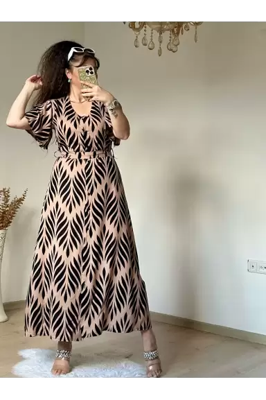 Kol Volanlı Kahve Desen Elbise