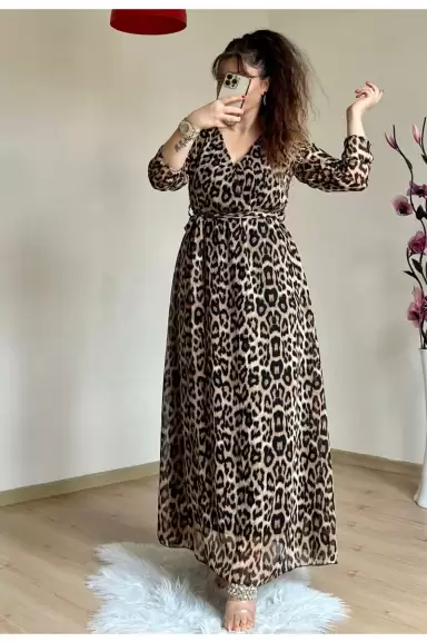 Koyu Renk Uzun Leopar Desen Şifon Elbise