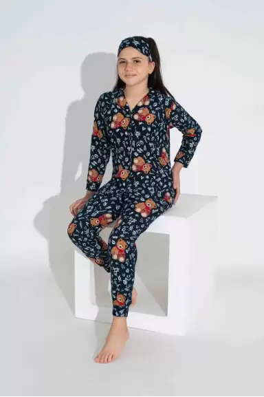 Lacivert Ayıcık Desen Çoçuk Pijama Takımı