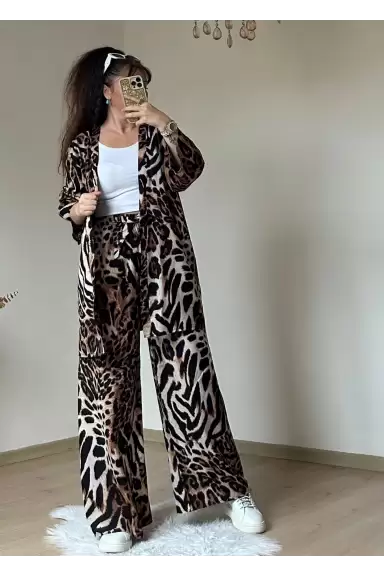 Leopar Desen Dokuma Viskon Kimono Takım