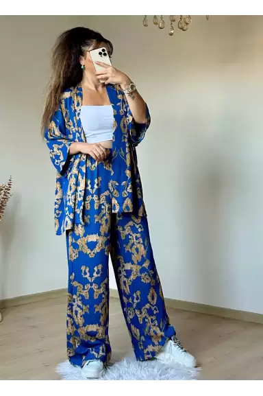 Mavı Motif Desen Kimono Takım