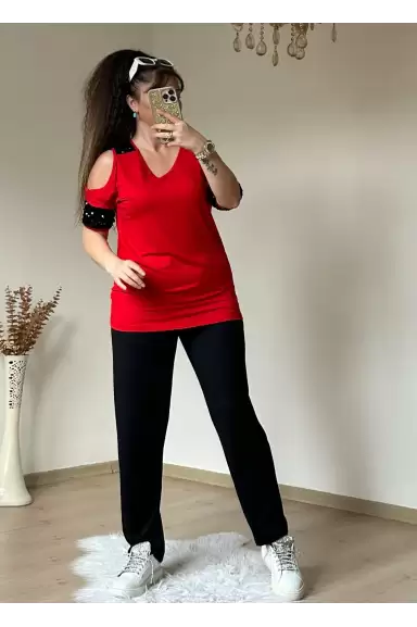 Omuz Detaylı Pullu Takım Kırmızı