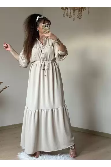 Ön Taşlı Elbise Bej