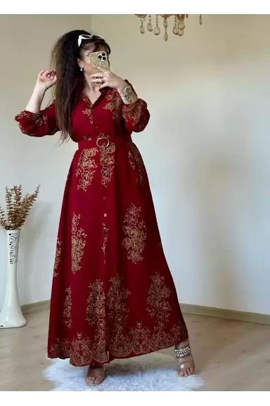 Otantık Desen Gömlek Elbise Bordo