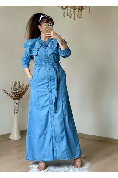Prenses Yaka Kot Elbise Açık Mavi