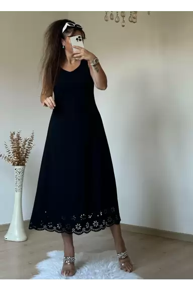 Sıfır Kol Etek Ucu Desenli Elbise Siyah