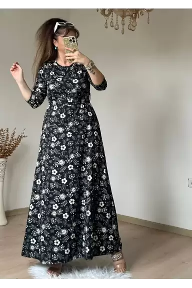 Siyah Çıtır Çıceklı Bürümcük Elbise