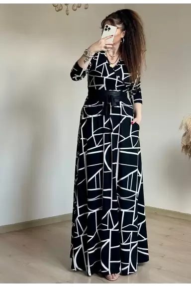 Full Length White Geometric Pattern Dress
