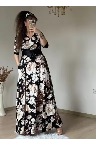 Tam Boy Siyah Byaz Çiçek Desen Elbise