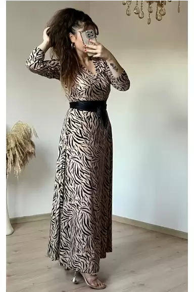 Tam Boy Süet Kahve Çizgi Desen Kadife Elbise