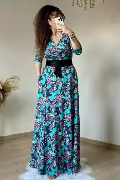 Tam Boy Yeşil Çiçek Elbise