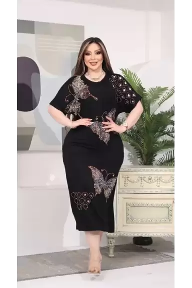Kelebek Desenli Taşlı Elbise