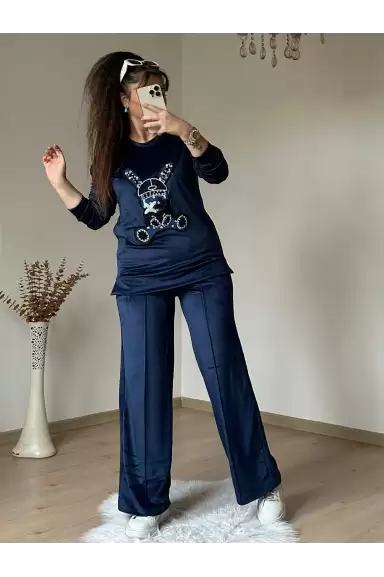 Taşlı Tavşan Kadıfe Takım Lacivert