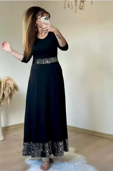 Uzun Bel Ve Etek Ucu Pul Payetlı Elbise