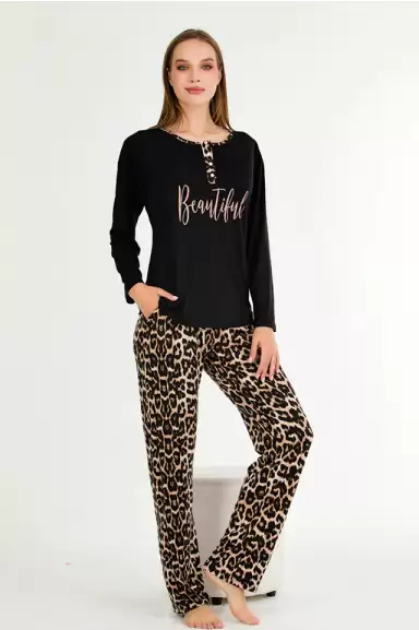 Uzun Kol Yaka Düğmeli Leopar Bayan Pijama Takımı