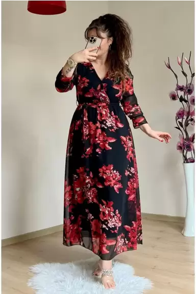 Uzun Nar Çiçeği Şifon Elbise