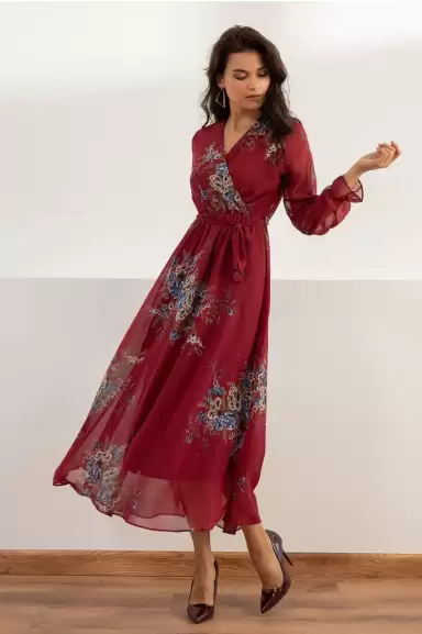 Uzun Sarı çiçekli Şifon Elbise - Bordo