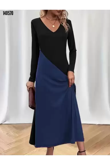 V Yaka Blok Desenlı Elbise Mavi