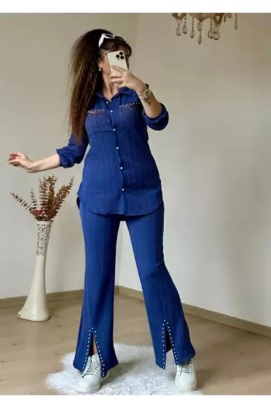 Yaka Taşlı Paça Detaylı Takım Mavi