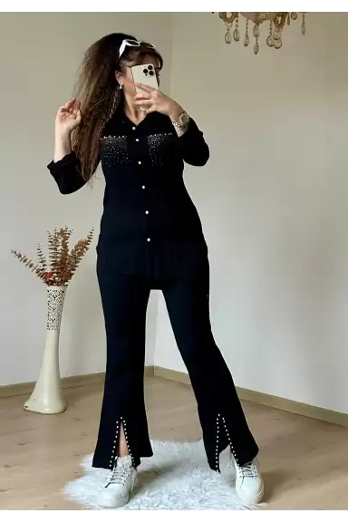 Black Set with Necklace Stone Detailed Cuffs