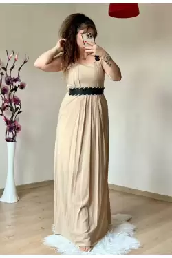 Askılı Deri Kemerli Elbise Bej