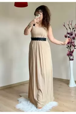 Askılı Deri Kemerli Elbise Bej