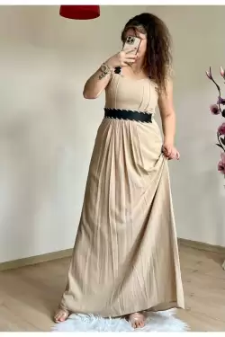 Askılı Deri Kemerli Elbise Bej