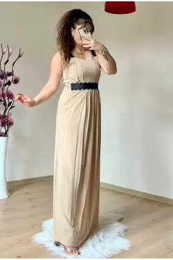 Askılı Deri Kemerli Elbise Bej