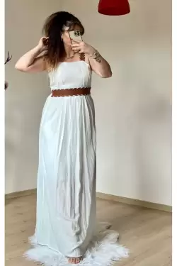 Askılı Deri Kemerli Elbise Beyaz