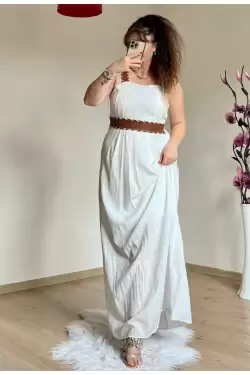 Askılı Deri Kemerli Elbise Beyaz