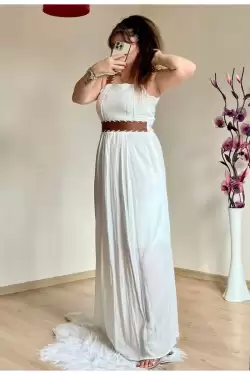 Askılı Deri Kemerli Elbise Beyaz