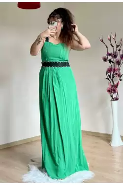 Askılı Deri Kemerli Elbise Yeşil