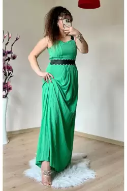 Askılı Deri Kemerli Elbise Yeşil