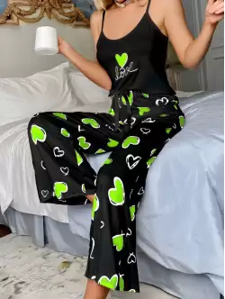 Askılı Kalpli Pijama Takımı Yeşil