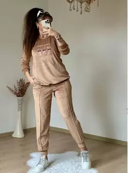 Ayıcık Taşlı Kadıfe Takım Camel