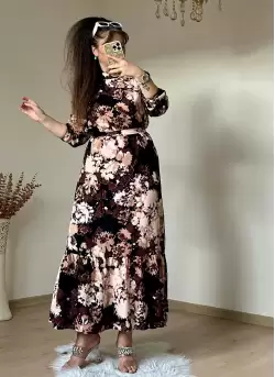 Balıkçı Yaka Kahve Çıceklı Elbise