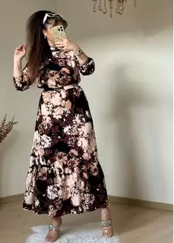 Balıkçı Yaka Kahve Çıceklı Elbise