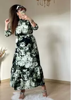 Balıkçı Yaka Yeşil Çıceklı Elbise