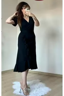 Balon Kol Fırfırlı Siyah Elbıse