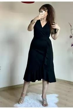 Balon Kol Fırfırlı Siyah Elbıse