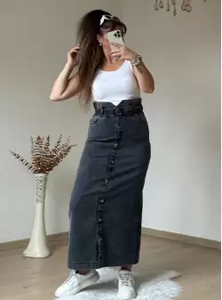 Bel Detaylı Dar Kot Etek Koyu Füme