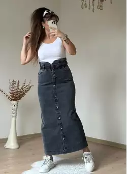 Bel Detaylı Dar Kot Etek Koyu Füme