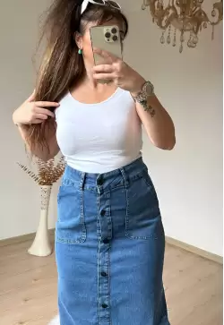 Bel Detaylı Dar Kot Etek Koyu Mavi